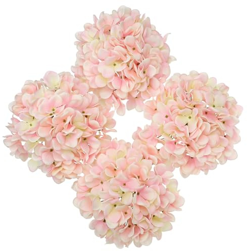Oairse 19CM Large Artificial Hydrangea Flowers Heads 4PCS Pink Faux Hydrangea with Stems for DIY Floral Arrangements, Wedding Bridal Bouquets, Centrepieces, Home Party Event Decoration
