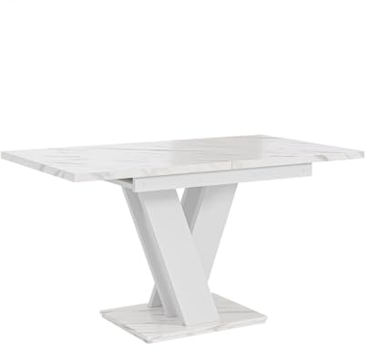 MEBLINI Esstisch Ausziehbar - Esszimmertisch Modern - Küchentisch - Säulentisch - Ausziehtisch - Dining Table - Esszimmertische - 120-160x80x75cm - MASIV - Weiß Marmor/Weiß Matt
