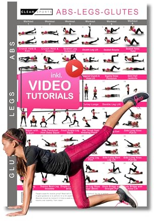 CLEAN SPORTS® Bauch Beine Po Poster DIN A1 und A2 – 36 effektive Übungen für Bauch, Beine & Po – Mit Videoanleitung – Fitnessposter für Zuhause, Hobbyraum & Fitnessstudios