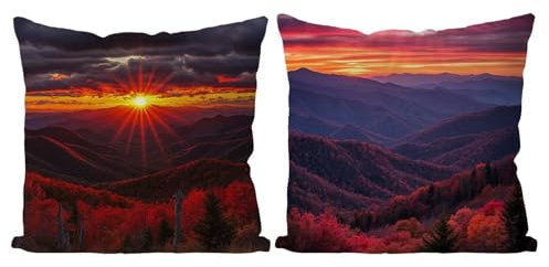 Coussin Exterieur Montagne Housse de Coussin Lot de 2 Coucher Soleil Coussins Canape Taie Oreiller 45x45 Doux Carré Housse de Canapé Coussins d'extérieur pour Decoration Chambre,Canapé,Chaise T4-915