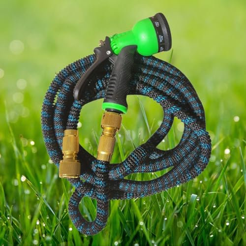 Ausziehbarer Gartenschlauch, 7,5 m, mit Multifunktions-Sprühpistole, grün und schwarz, 8 Sprühmodi, flexible Anschlüsse aus Messing