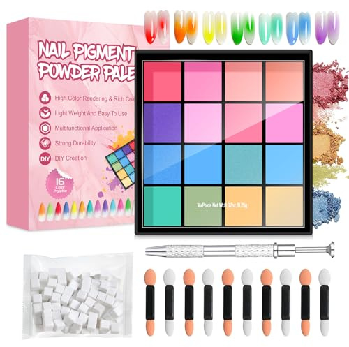 Pigment für Nägel 16 Farben, Nagelpulver Nail Powder, Nagelpuder Set | Enthält Nail Pigment, 50 Stück Nailart Schwamm, 10 Sponge Brush Applikator, 1 Metallgreifer
