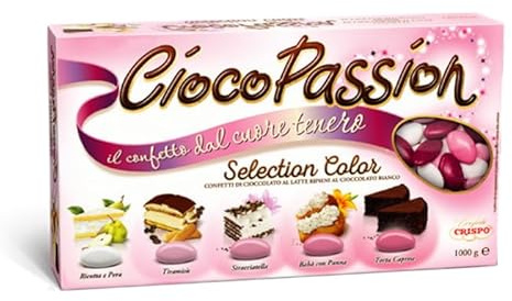 Crispo CiocoPassion Selection Color Confetti ROSA di Cioccolato al Latte e Bianco Gusti Ricotta e Pera, Tiramisù, Stracciatella, Babà e Panna, Torta Caprese Senza Glutine (Gluten Free) 1kg