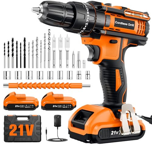 Taladro Percutor a Bateria 21V, Taladro Atornillador Bateria con 2x2.0Ah Baterías, Atornillador Electrico 42Nm, 25+3 Ajuste de Par, 30 Accesorios, 2 Velocidad, LED Luz Para Hogar, Bricolaje