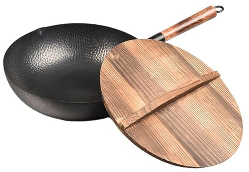 Fenteer Wok Chinois, 32 Cm, avec Couvercle, Non Revêtu, Wok avec Fond Plat,