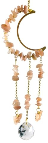 Moon Crystal Sun Catcher with Natural Stone Chips & Butterfly Charm – 21–23cm Hanging Prism Suncatcher for Window or Car Decor(C)
