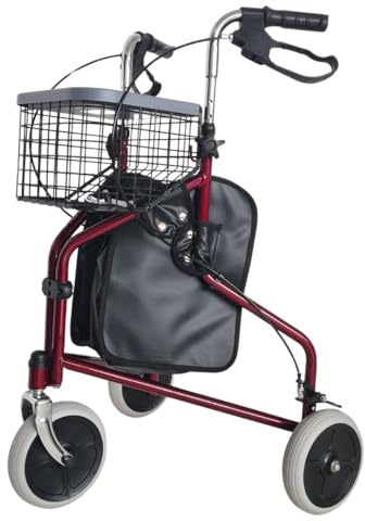 abc HOME | Rollator für Innenbereich | Metallkorb | Tasche | klappbar | verstellbare Höhe (Rot)