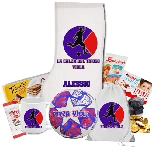 Calza della befana del tifoso Viola Fiorentina personalizzabile con nome + tazza ceramica + pallone + sacca in nylon + dolciumi vari idea regalo per befana epifania Firenze