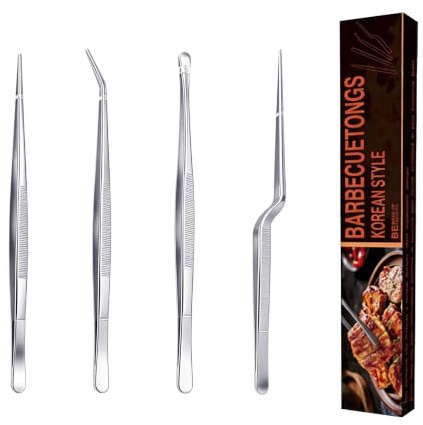 4 Stück Kochpinzette Edelstahl, 30 cm Grillzange Edelstahl Set, Spaghettizange, Pinzette Küche, mit Rund und Spitzkopf, zum Braten, Grillen, Anrichten & Dekorieren, Präzisionsarbeiten