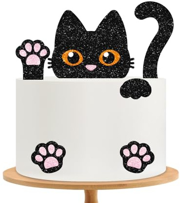 Black Cat Cake Topper, Cat Birthday Cake Decor, Black Glitter Kitten Baby Shower Cake Topper for Girl, Pet Themed Birthday/Adoption DayParty Decoration