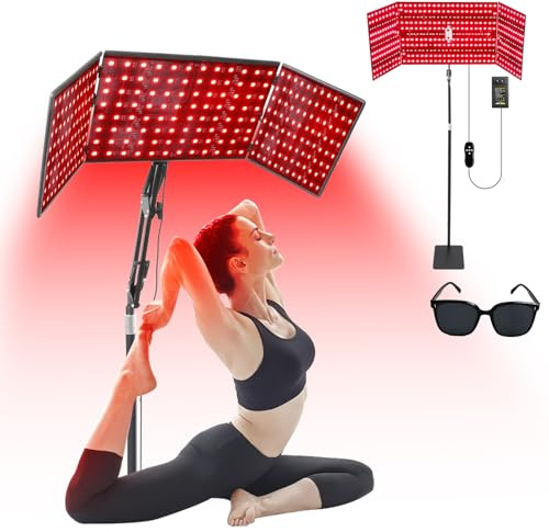 Foldable Red Light Lamp with Protective Glasses,480 LEDs 660nm Red & 850nm Near Infrared Lamp with Adjustable Stand,6 Time Settings,5 Brightness,3 Light Modes