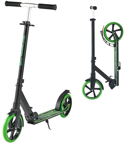 VEVOR Kick Scooter for Kids Ages 8+, Teens & Adults, 2-Wheel Toddler Scooter with Adjustable Height Handlebar, Wide Anti-Slip Deck, Foldable Lightweight for Boys & Girls up to 220 lbs, Black + Green