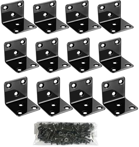12 Pcs Black Angle Brackets Stainless Steel Right Angle Corner Bracket,40 x 40 x 40 x 2mm L Shaped 90 Degree Metal Bracket with Screws for Shelves,Wood Furniture,Cabinets,Chairs,Drawers