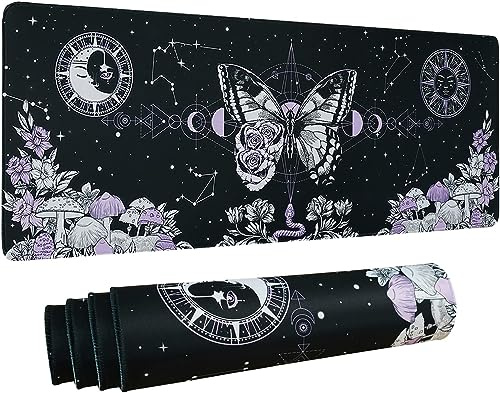 Wangdake Aesthetic Butterfly Goth Gaming-Mauspad, XL, Pilz, Mondphase, Galaxie, langes, großes Schreibtisch-Mauspad, gruselige Hexe, Gothic, Schreibtischzubehör, 80 x 30 cm