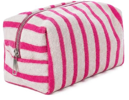 Baesics Kosmetiktasche Damen Kulturtasche 20cm Gestreift Pink-Weiß | Mit umlaufendem Reißverschluss und Innenfach, kompakt für Reise und Handtasche. Beauty Etui als praktische Geschenkidee