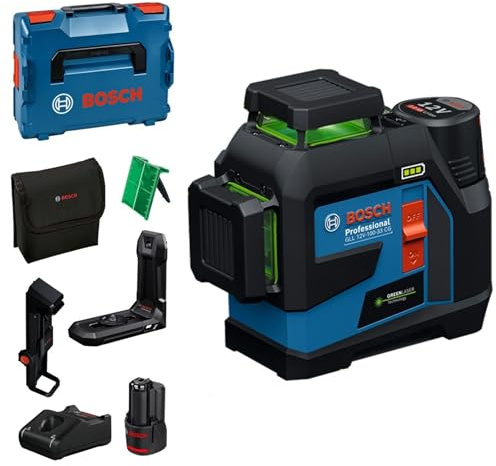 Bosch Professional Lijnlaser GLL 12V 100 33 CG (3×360° groene laserlijnen, incl. houder, plafondclip, 2×GBA 12V 2.0Ah accu’s, GAL 12V 40 lader, tas, richtplaat en L BOXX 136) – Amazon Exclusive Set