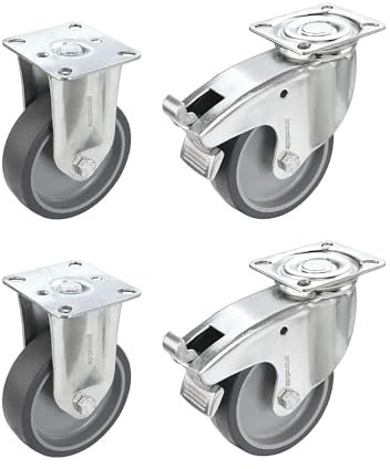 Proroll | Set aus thermoplastischen Gummireifen | mit Montageplatte | 2 Lenkrollen mit Doppelstopp und 2 Bockrollen | Rad-Ø x Breite 75 x 25 mm