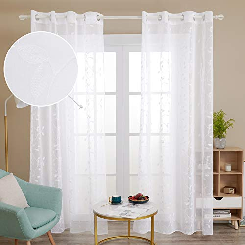 Deconovo Tende Soggiorno Moderne 2 Pezzi Trasparenti Corte Cameretta Bambini Moderne in Voile Ricamate con Occhielli per Salotto Eleganti 140x180 CM Bianco