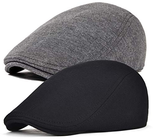 FEINION 2 Pack Men Cotton Newsboy Cap Soft Fit Cabbie Hat (Black/Dark Grey)
