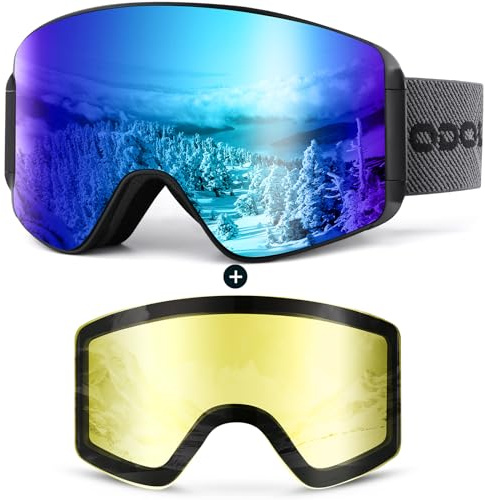 Odoland Skibrille für Damen und Herren Jungen Ski Goggles Anti-Fog UV-Schutz mit Magnetische Wechselglas Snowboardbrille Helmkompatible zum Snowboard Skifahren Schwarz Blau