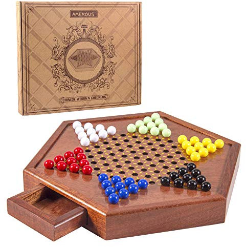 AMEROUS 12.5 inches Wooden Chinese Checkers Set with Storage Drawer - 60 Acrylic Marbles in 6 Colors - 12 Bonus Spare Marbles, Classic Strategy Family Board Game for Kids and Adults