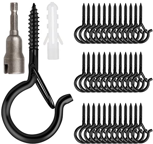 48 PCS Q-Hanger Hooks, Screw Hooks for Outdoor String Lights, Safety Buckle Design Cup Eye Hook for Hanging Christmas Lights, Plants, Wind Chimes, Mounted on Wall Ceiling, Include 1 Wing Nut Driver