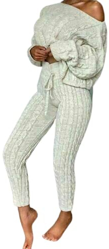 Pretty Attitude Womens Loungewear Ladies Cable Knitted Top Bottom Two Piece Co-Ords Set Tracksuit UK Sizes (8-16) (Silver, 12)