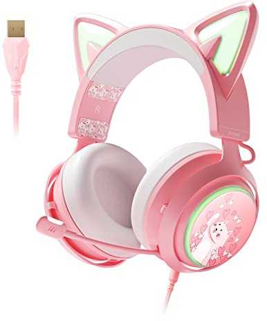 EASARS Pink Gaming Headset GS510, Wired, Over Ear, Cat Ear Design with RGB Lighting, 7.1 Surround Sound, Retractable Mic, Compatible with PC, PS4, PS5