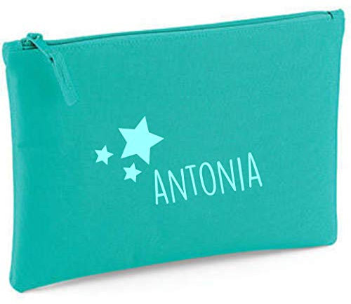 minimutz personalisierte Kosmetiktasche für Mädchen | Motiv Sterne & Namensdruck | Schminktasche für Kinder inkl. Name | Kulturtasche Make-up Täschchen mit Reißverschluss | 28cm x 19cm (Mint)