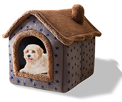 Galatée Cama De Cueva De Gato, Cama Lavable para Perros, Iglú De Felpa Cálida y Acogedora para Gatos, Casa para Mascotas Plegable, Cama para Mascotas con Fondo Antideslizante(M, Estrellas Marrones)