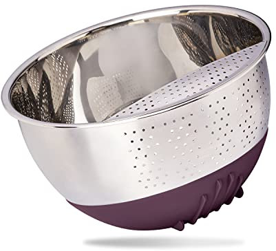 REISHUNGER Reis Waschschüssel und Gemüsesieb aus Edelstahl (aubergine) - Sieb zum Waschen von Reis und Gemüse - Mit rutschfestem Silikonfuß
