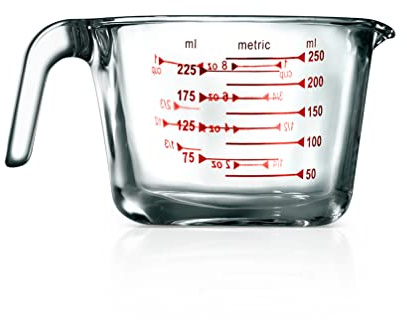 NutriChef High Borosilicate Glass Measuring Cup with Customized Decal Scale, 250 ml, Safe to Use in Microwave and Freezer, Oven and Dishwasher Safe, Clear