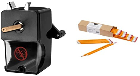 WESTCOTT Anspitzer, Manuelle Spitzmaschine mit Auffangbehälter für Stifte von 7-12 mm, schwarz, E-14216 00 & Amazon Basics - Holzgefasste Bleistifte, HB, vorgespitzt, 30er-Pack