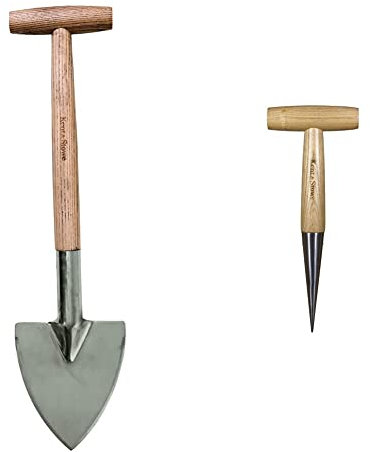 Kent & Stowe Staudenspaten – Profi-Spaten aus Edelstahl, 54 cm & Pflanzholz – Setzholz aus Edelstahl zum Pflanzen von Zwiebeln und Sämlingen, Pikierstab mit Griff aus Eschenholz, 28,5 cm