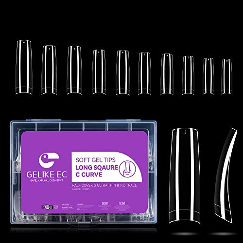 Gelike ec French Clear - Puntas de uñas largas cuadradas de curva en C, punta de gel suave, cuadradas largas, prepulidas de resina con estuche para salones de uñas, 240 unidades, tamaño 12