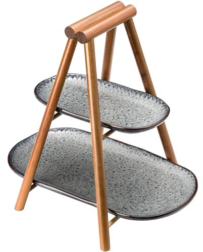 LEONARDO HOME Matera Etagere - Kleine Etagere 2 stöckig aus Keramik und Holz - Eckiger Teller zum Anrichten von Apero, Snacks, Käse etc. - 33,6x8,2x24,5 cm (BxHxT) - Anthrazit, 022854