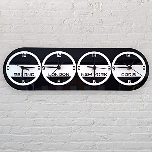 Custom Named Four Round Time Zone Clocks & Desk Stand, 50cm x 15.5cm | Round shape, 3mm acrylic, matt finish, 50cm x 15.5cm, desk stand included
