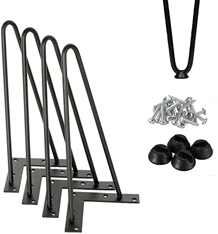 12 Inch Metal and Industrial Hairpin Legs 30cm Black DIY Hairpin Table Legs Sturdy 2 Rod Modern Furniture Legs Heavy Duty 10mm Steel Hairpin Legs with Screws and Floor Protector Feet, Set of 4