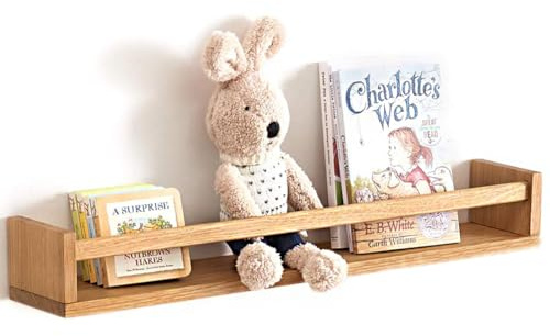 OAKERLAND Wandregal Kinderzimmer Holz Bücherregal Wand, 60cm Wandregal Eiche Massiv für Kinderzimmer, Eiche Schweberegal Bilderleiste für Bücher Märchenbücher, Zeitschrift