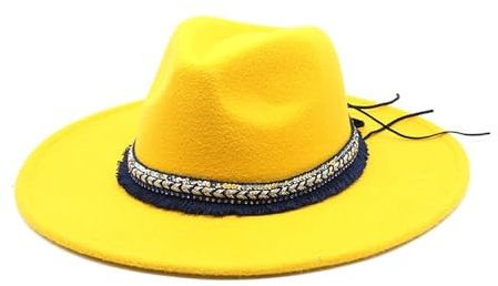 Fengyan Hats 9,5 cm große Krempe, pfirsichförmiger Zylinderhut, Ethno-Stil, Accessoires, Jazz-Hut, Gentleman, Damen, Kaschmir-Filzhut, gelb, 6 7/8-7 1/8