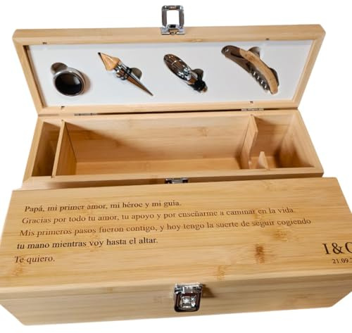 Personalisierte Weinkiste für Hochzeit, Trauzeugen, Hochzeitszeugen, personalisierbares Weinset mit Gravur auf Holz, inklusive 4 Weinzubehör