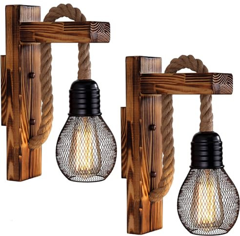 Ahageek Wooden Wall Light Hemp Rope, Industrial Wall Lamp Lamp Shade, E27 LED Retro Wall Light Living Room Bedside Table Corridor Cafe Bar (Without Bulb-2pcs)