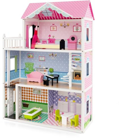RELAX4LIFE Casa delle Bambole per Bambini a 3 Piani, Casa dei Sogni Simulata con 5 Camere e 10 Accessori, Ascensore Funzionante e Scala Girevole, Casa di Lusso, 3 Anni+