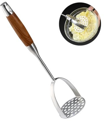 Hpamba Machacador De Patatas De Acero Inoxidable Prensa Patatas Con Mango Triturador De Verduras, Machacador De Patatas Con Mango De Madera Para Puré De Patatas,Aguacate,Frijoles, Verduras Y Frutas