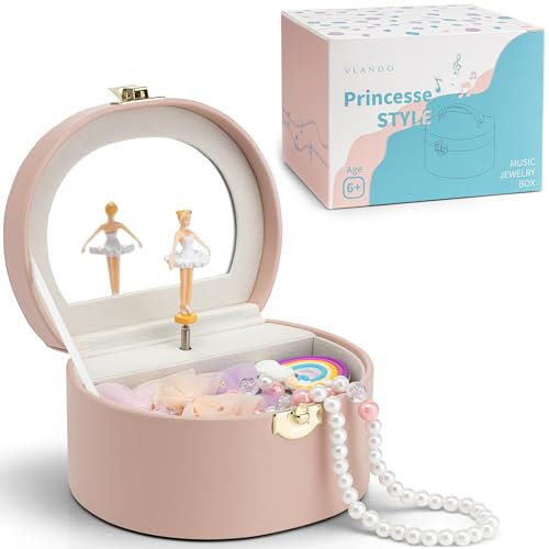 Vlando Spieluhr Schmuckkästchen Mädchen mit Ballerina, Tragbar Schmuckkasten Schmuckdose für Kinder, Schmuck Organizer mit Spiegel, Spielzeug Geschenke 4 5 Jahre, mit Süßem Aufkleber