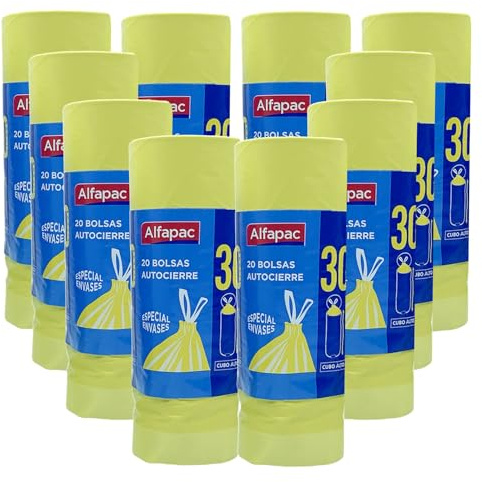 10 Rollen mit 20 Müllbeuteln (200 Beutel), selbstschließend, 30 l. Spezielles Fassungsvermögen für Behälter und große Eimer, 50 x 75 cm