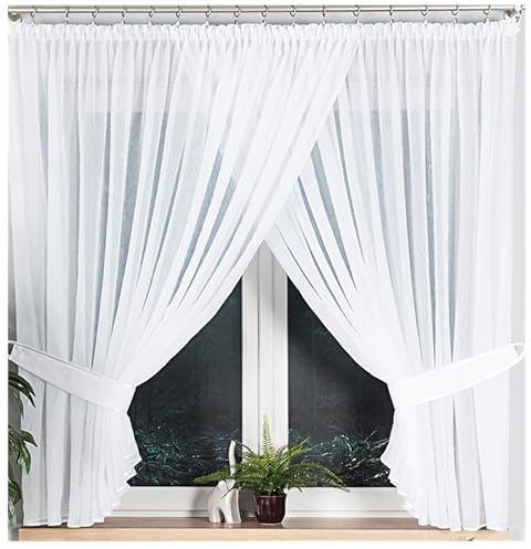 Gardinen Vorhangen Weiß 400x160 cm (BxH) Clotilda Lang Voile Gardinen mit Kräuselband und Satinpaspel Scheibengardine Wohnzimmer Küchengardinen Stores Kurzstores Schlafzimmer
