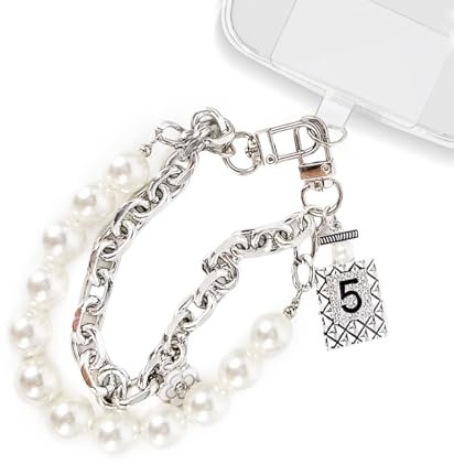 Ruzister Pulsera para teléfono móvil, cuentas blancas, metal, doble cadena, colgante para teléfono móvil, manos libres, cadena para teléfono móvil, correa desmontable para el cuello para mujer
