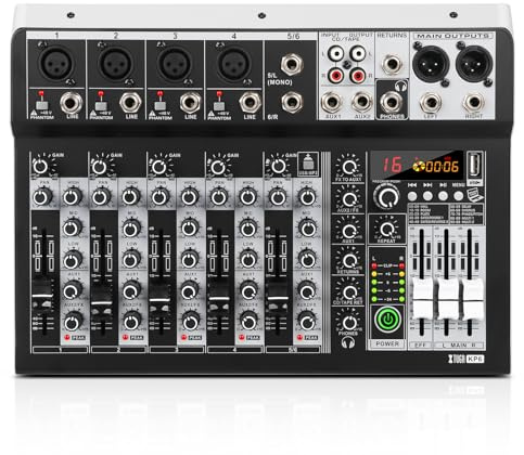 XTUGA 6 Channel Audio Mixer Professional Audio Mixer for Computer Recording, USB Studio Mixer with 48V Phantom Power DJ Mixer Bluetooth, KP6