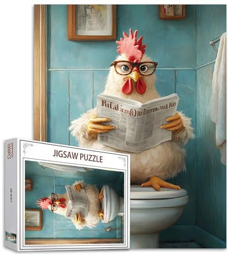 Tucoco Store Puzzle de coq avec journal assis sur un siège de toilettes 1 000 pièces, pour adultes, puzzle de bricolage coloré pour la décoration de la maison, jeu difficile pour les activités
